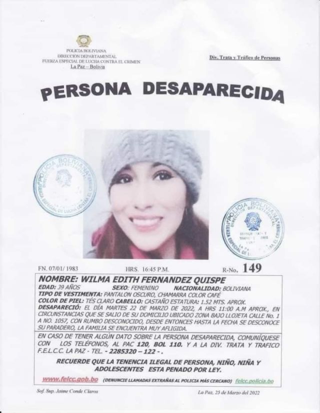 Hallan el cadáver de Wilma Fernández dentro de una bolsa de yute en los Yungas