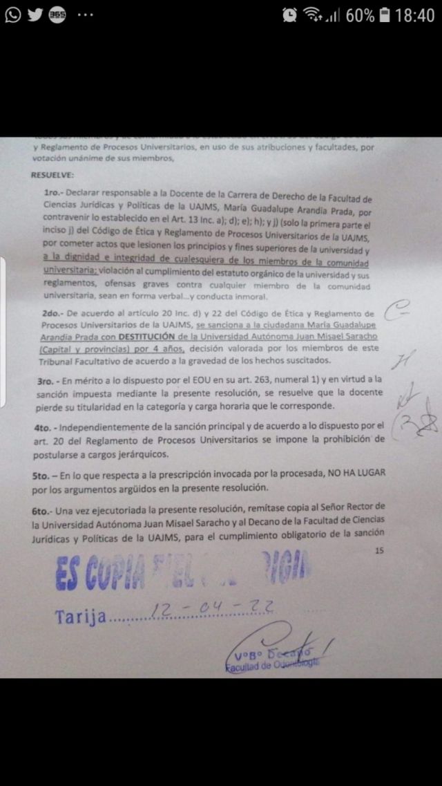 UAJMS: Docente de Derecho denunciada por malos tratos fue suspendida por 4 años 