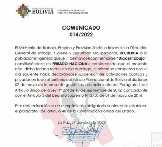 Trasladan para el lunes el feriado nacional por el Día del Trabajo 