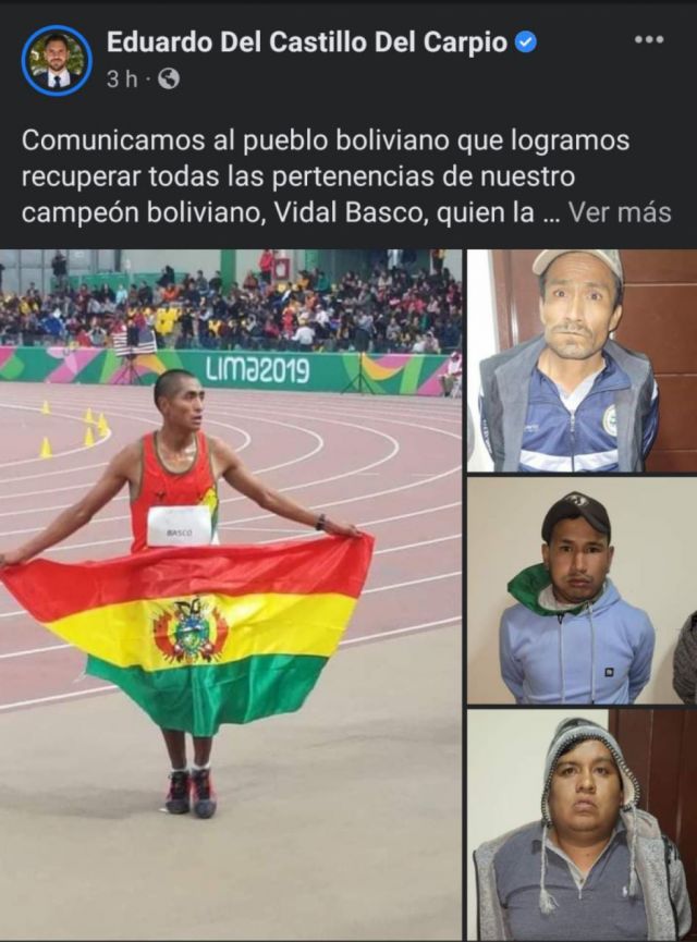 La Policía recupera pertenencias del atleta Vidal Basco y aprehende a antisociales