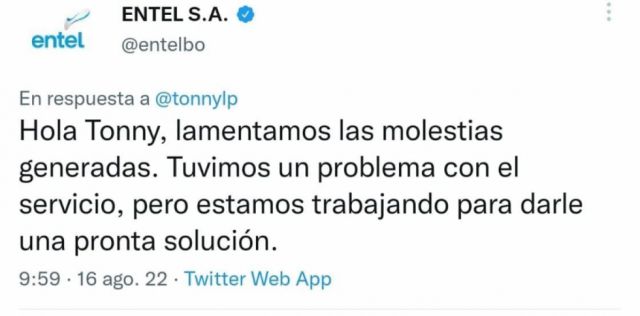 Una respuesta de Entel ante la manifestación de molestia de los usuarios