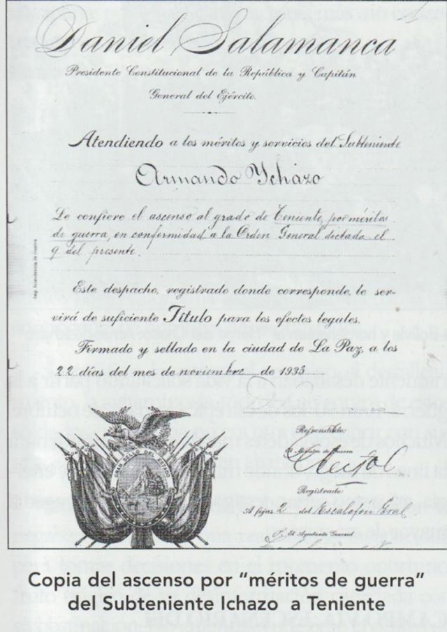 Copia del ascenso por “méritos de guerra” del Subteniente Ichazo a Teniente