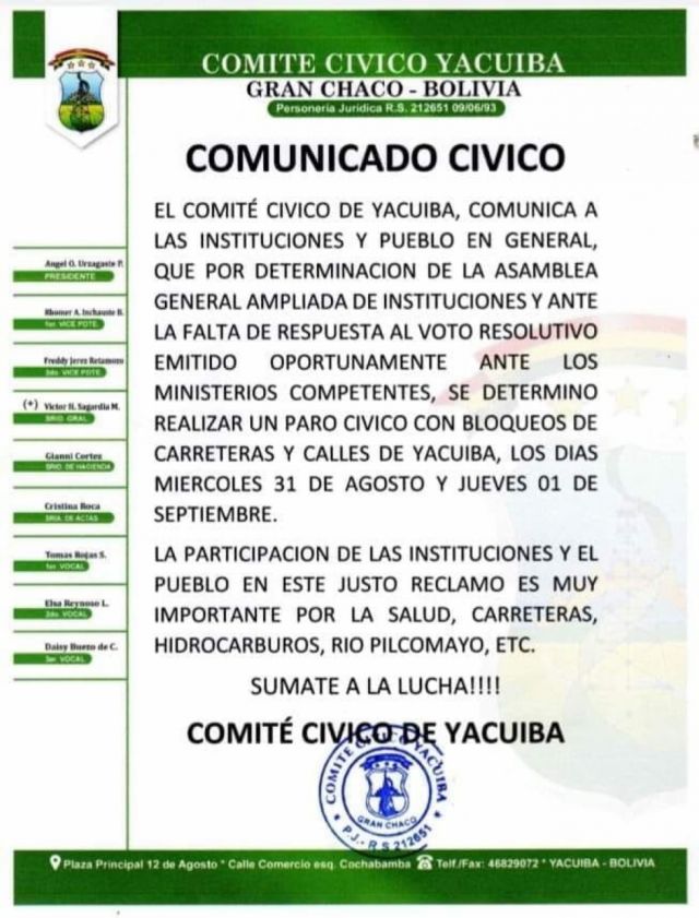 Cívicos de Yacuiba confirman paro con bloqueo de caminos, será el miércoles y jueves 