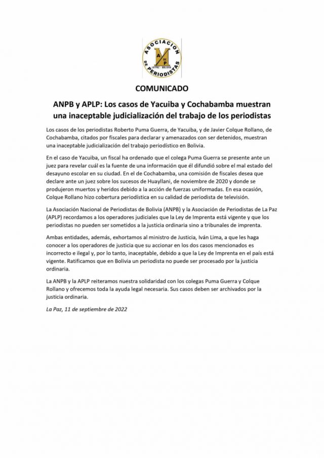 Periodistas de Bolivia piden al ministro de Justicia intervenir ante persecución judicial de reporteros