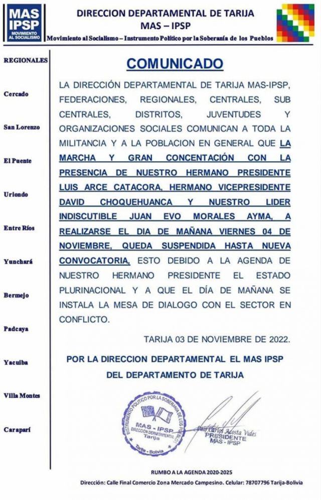 El MAS Tarija suspende la marcha con Evo de apoyo a Arce a las pocas horas de su convocatoria El MAS Tarija suspende la marcha con Evo de apoyo a Arce a las pocas horas de su convocatoria