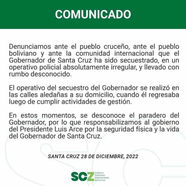 La gobernación de Santa Cruz califica de "secuestro" la aprehensión de Camacho