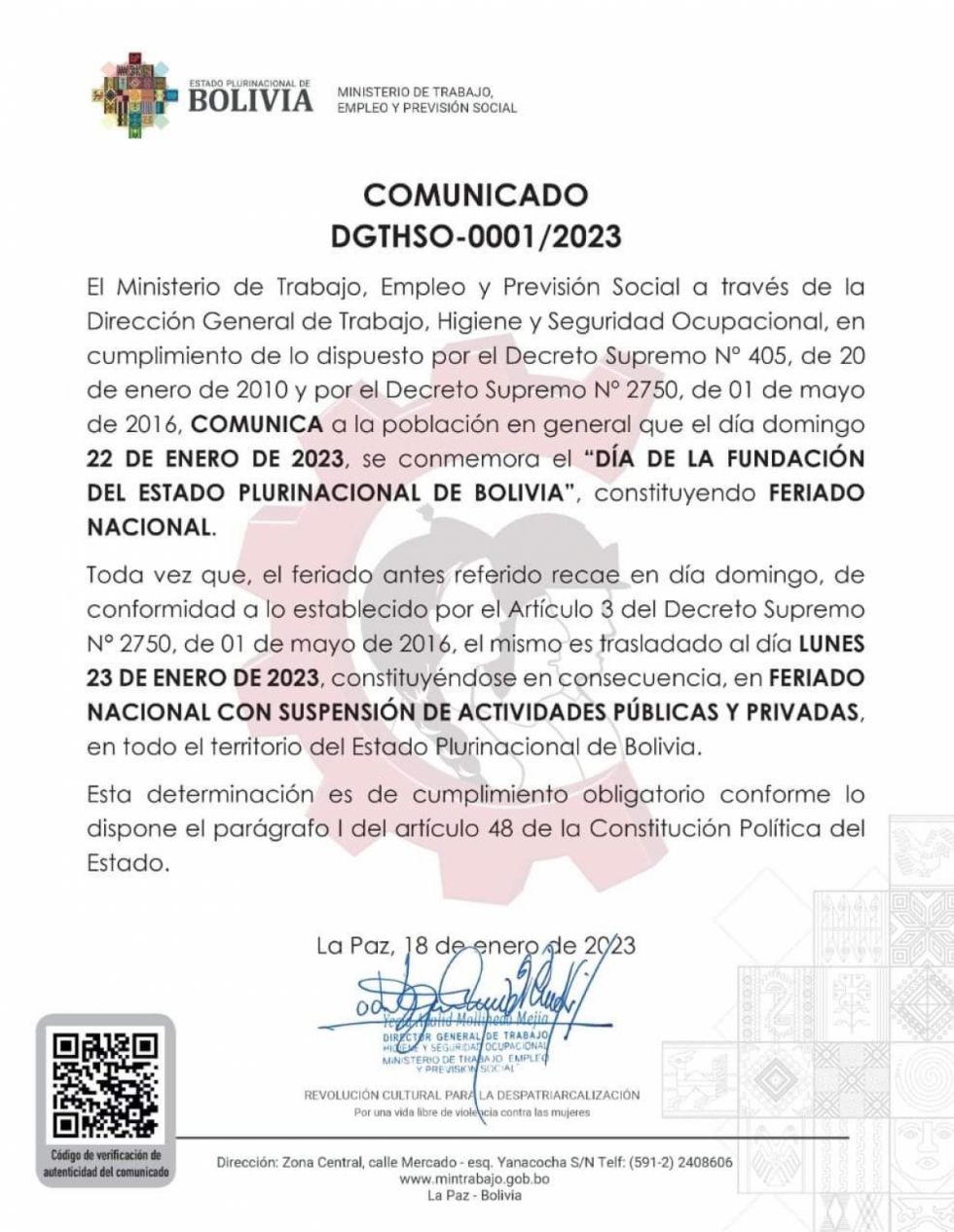 Sí, el 23 de enero es feriado nacional en toda Bolivia