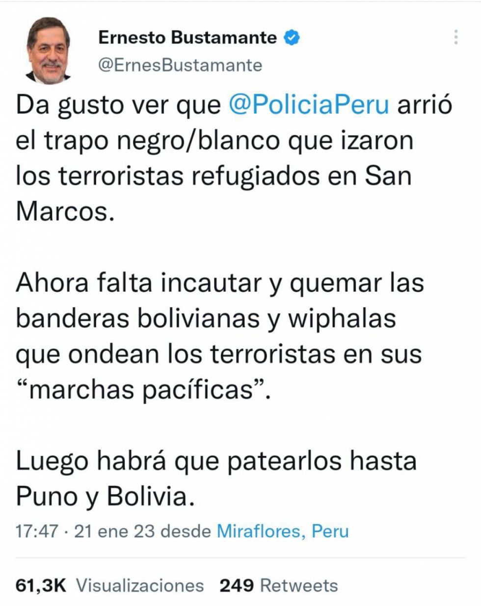 Congresista peruano insta a "quemar banderas bolivianas"