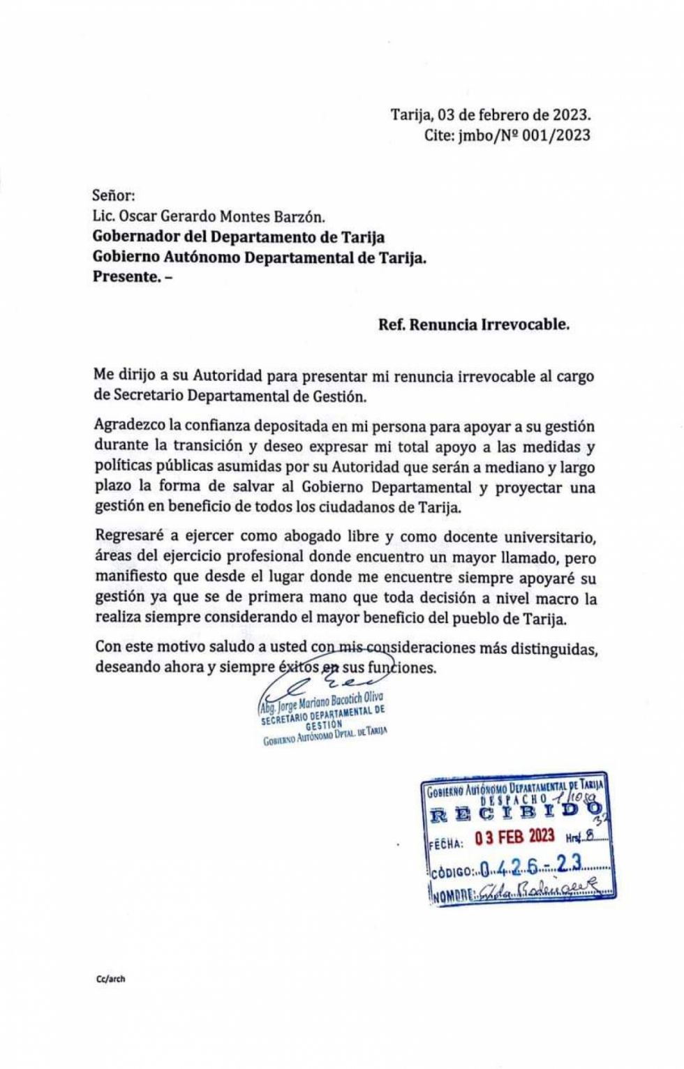 Jorge Bacotich renuncia a la gobernación 