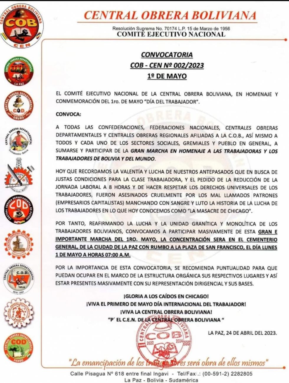 COB convoca a la Gran Marcha en homenaje al Día del Trabajador