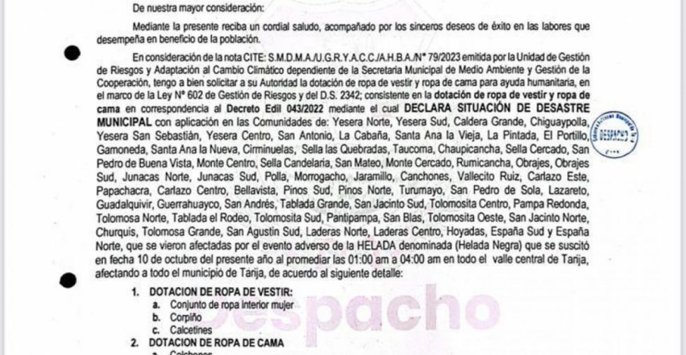 Defensa Civil asegura que Alcalde solicitó ropa interior para los damnificados de las heladas