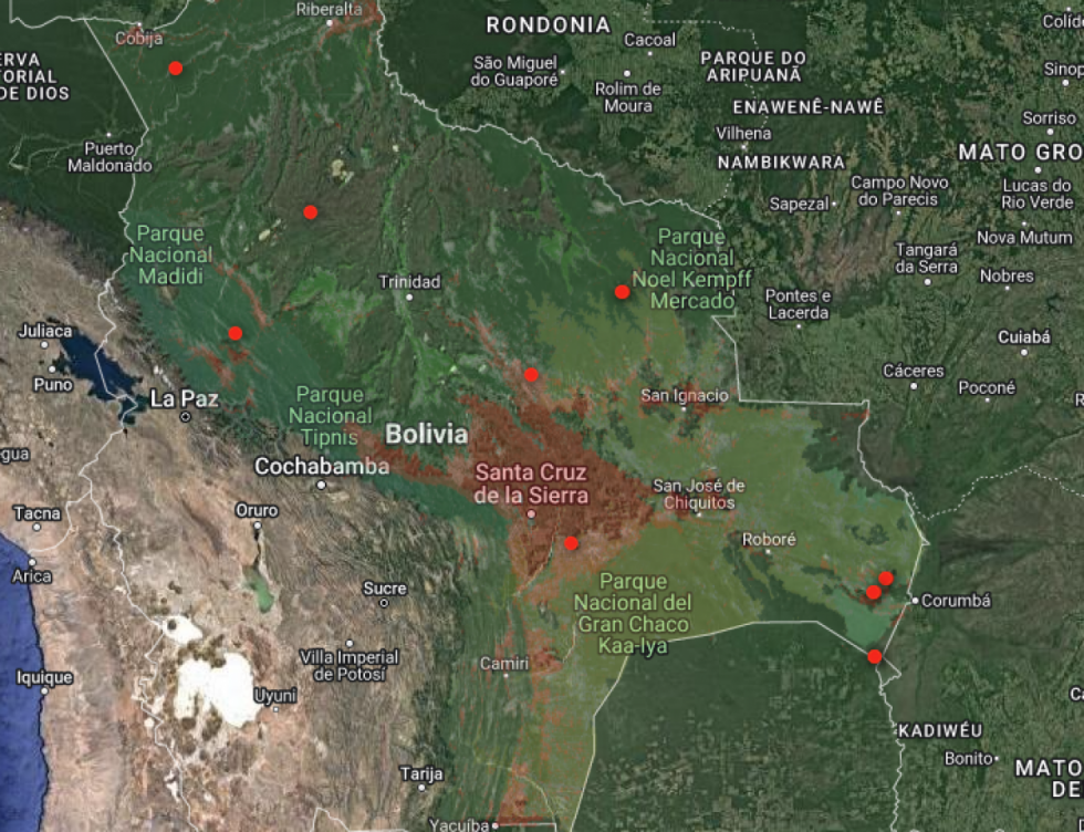 En Bolivia se registran 385 focos de calor distribuidos en seis departamentos Focos de calor en Bolivia Foto: MMAyA