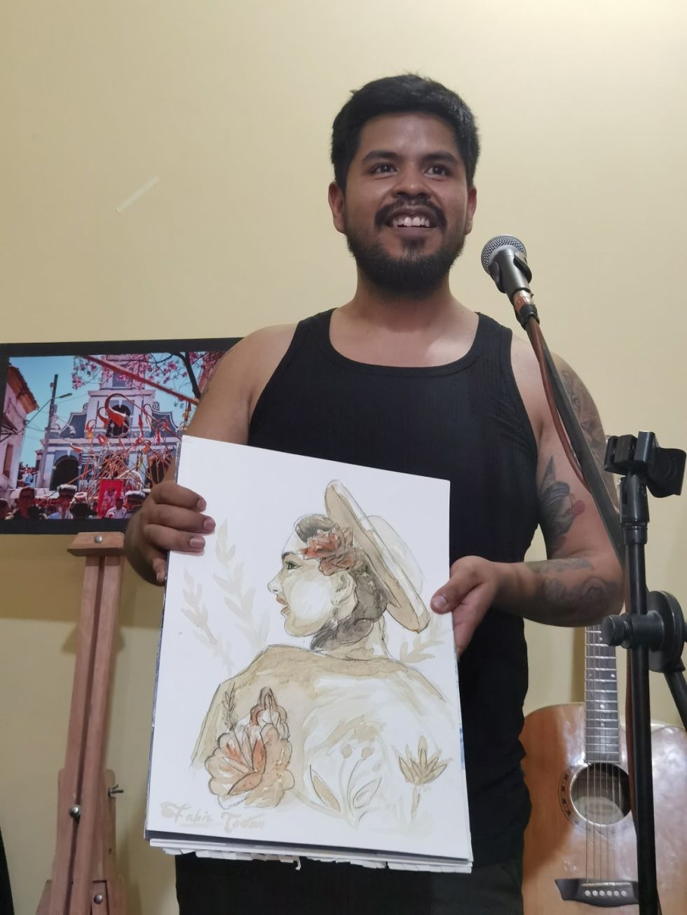 Fabio Terán y la obra hecha con café