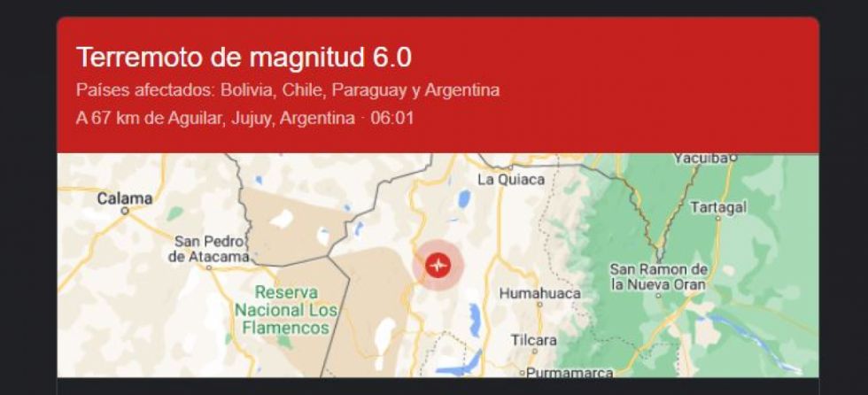Sismo de magnitud 6 sacude el norte de Argentina