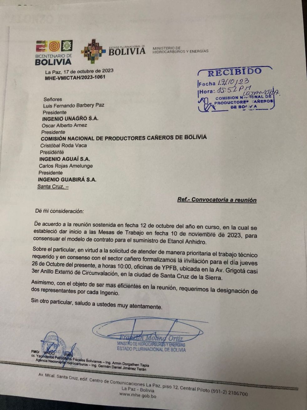 Gobierno convoca a cañeros a “consensuar contrato” para el suministro de etanol