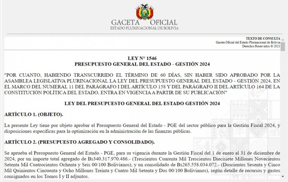 Rige el PGE 2024 pese a que no terminó de ser aprobado en la Asamblea Legislativa Plurinacional
