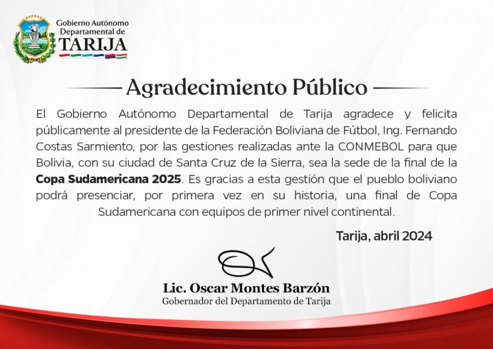 Gobernador de Tarija celebra que Santa Cruz acoja la final de la Copa Sudamericana 2025