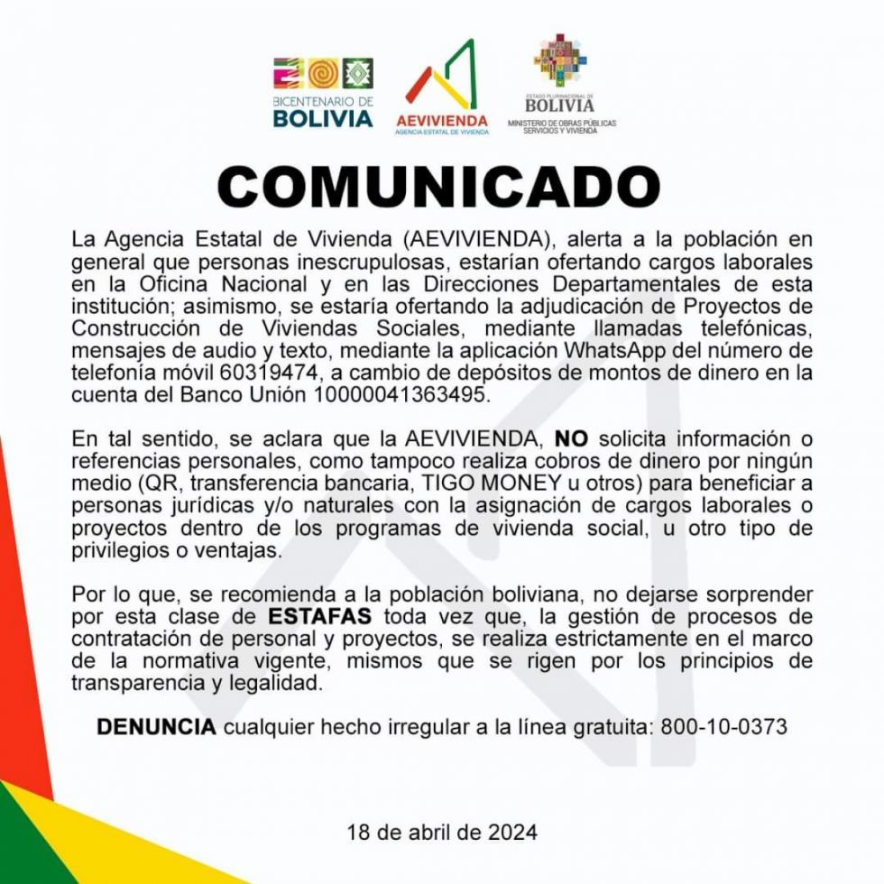 AEVivienda advierte que inescrupulosos pretenden estafar ofreciendo cargos laborales