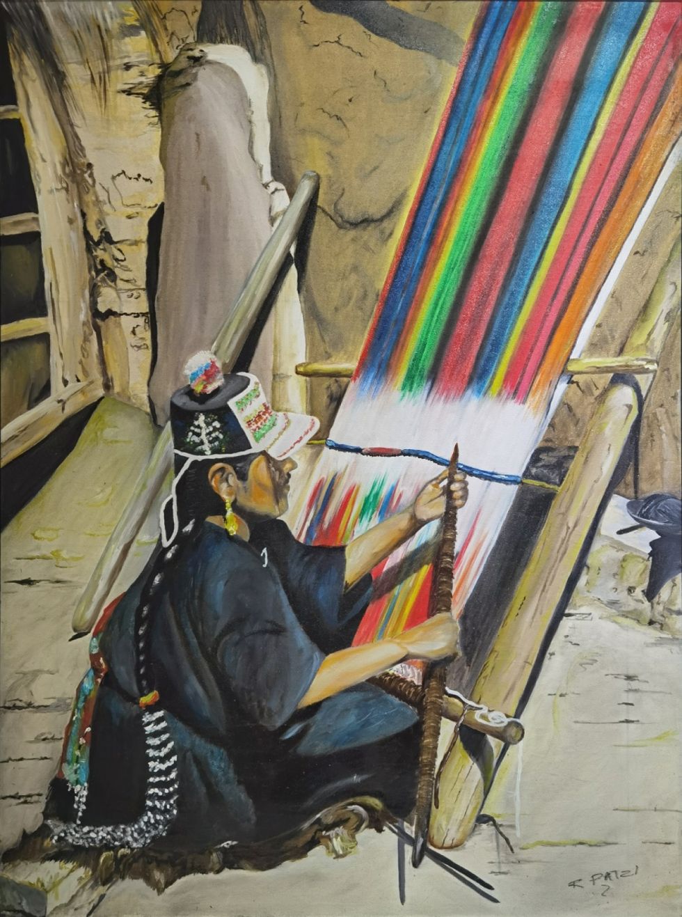 Tejedora, óleo de Remmy Patzi. 