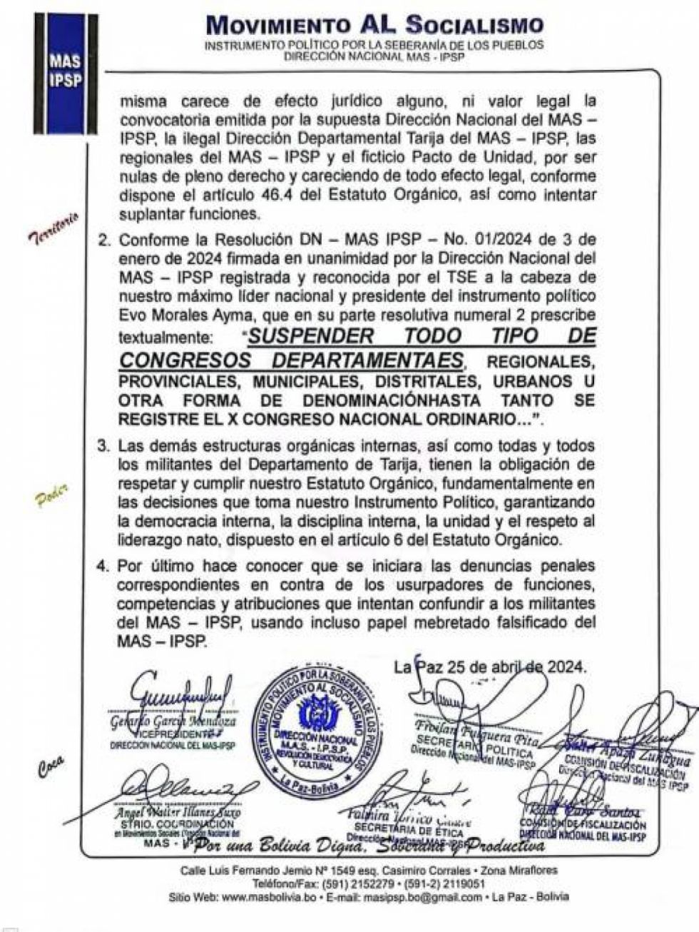 Dirigencia del MAS evista declara ilegal el congreso departamental en Tarija