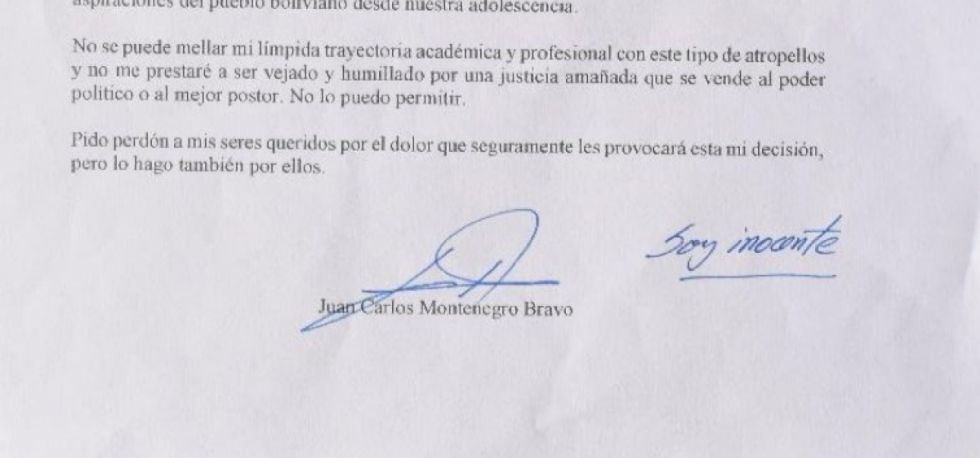 Pericia confirma autenticidad de carta póstuma de Juan Carlos Montenegro
