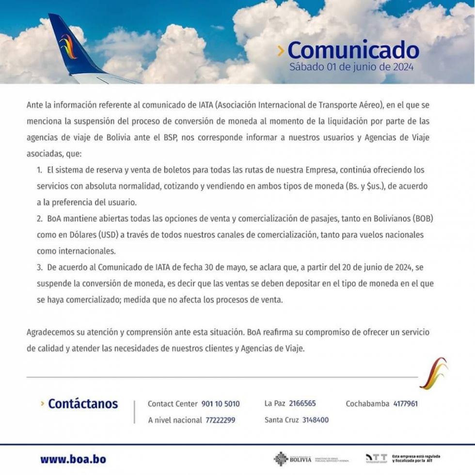 BoA seguirá vendiendo vuelos internacionales en bolivianos 