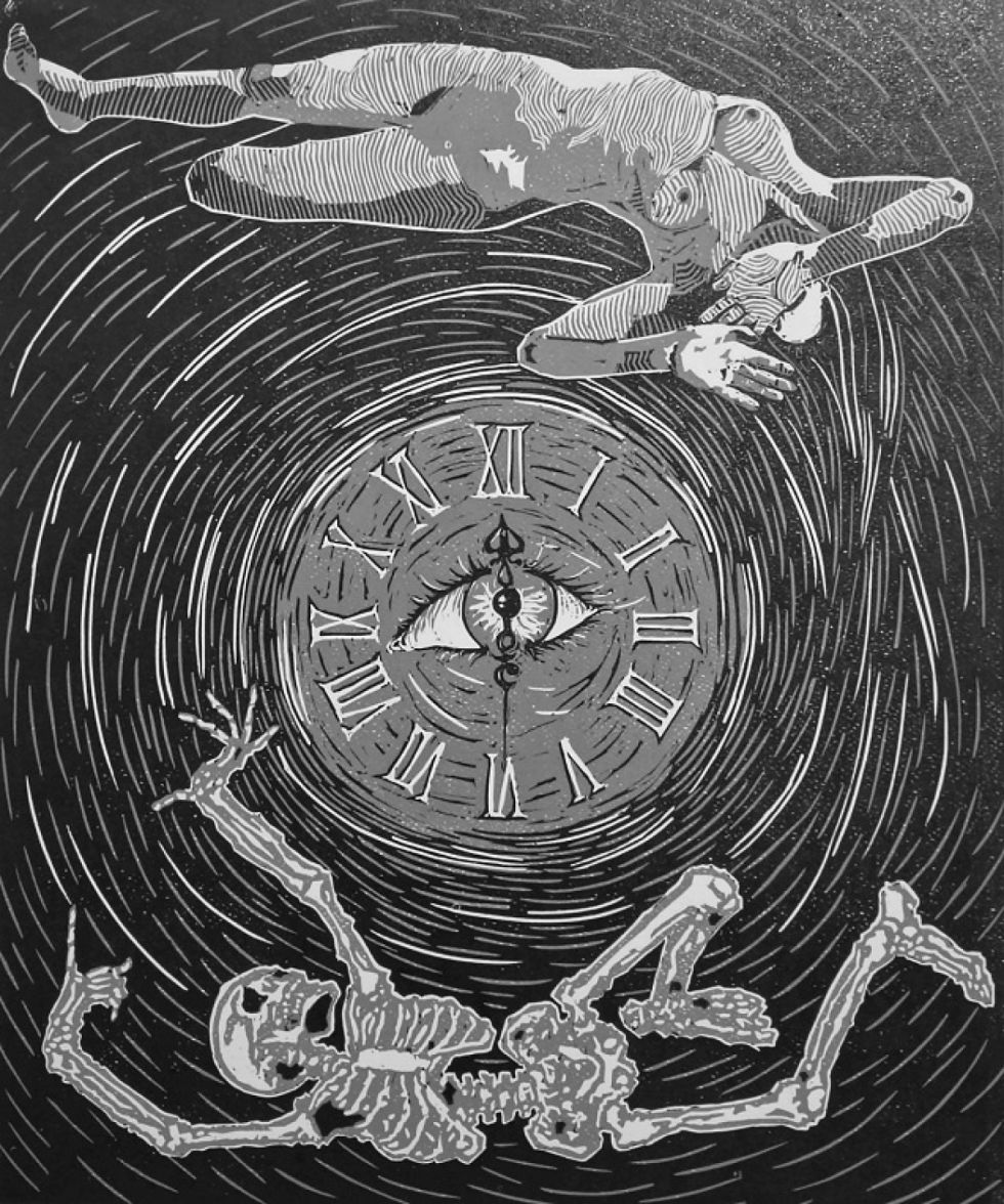 La brevedad de la vida, linograbado de Paola Hinojosa (Oruro)