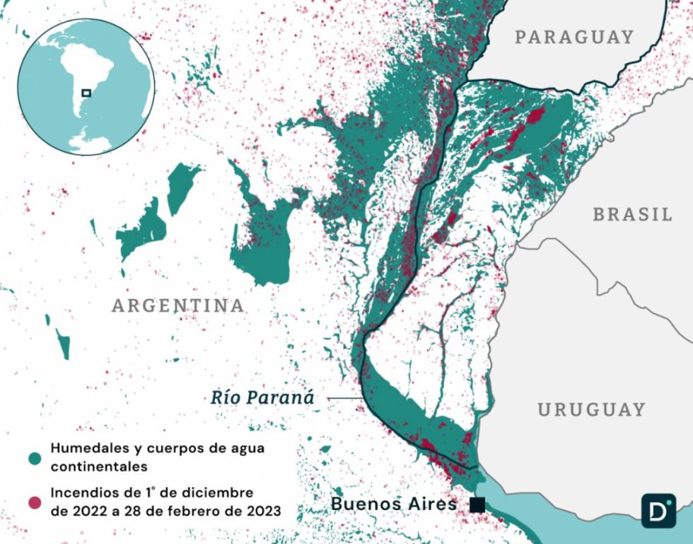 Mapa de incendios en la cuenca del Paraná