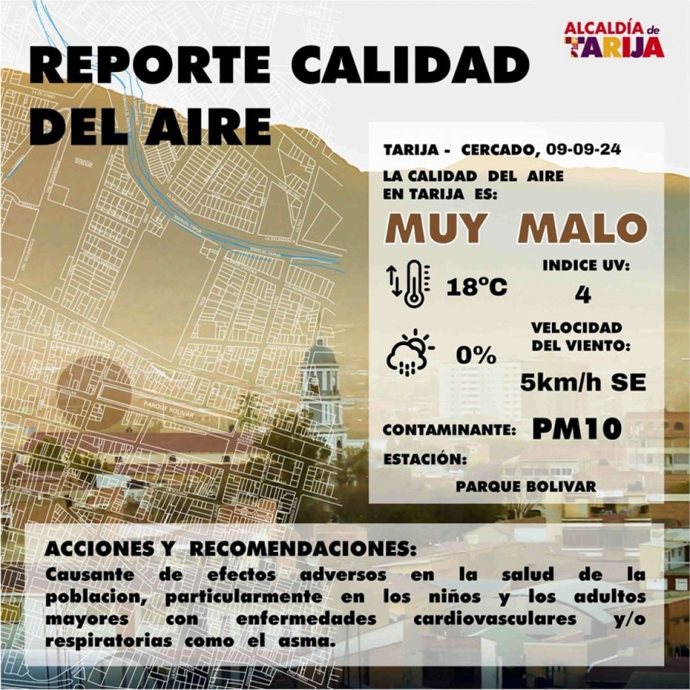 Calidad del aire en Tarija alcanza niveles peligrosos por incendios en otros departamentos
