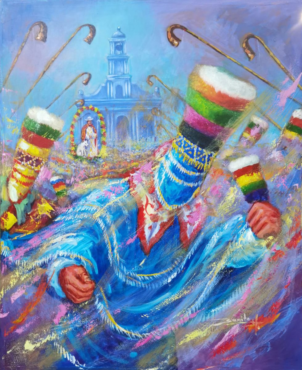 Fiesta Grande, acrílico de Benito Huarachi. Precio base: Bs.800