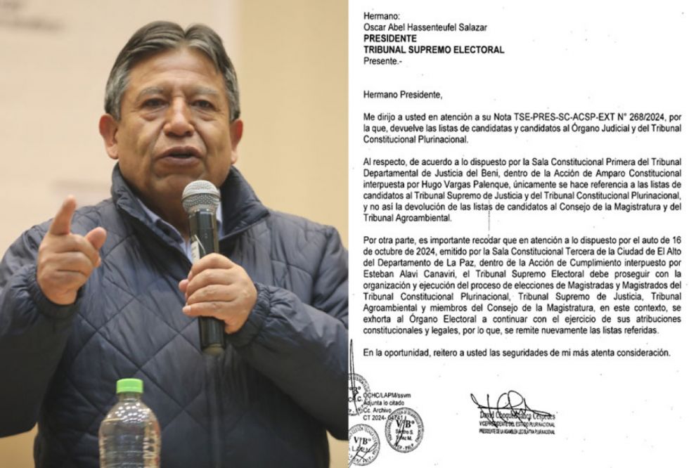 Choquehuanca devuelve las listas de candidatos judiciales al TSE y le exhorta seguir con el proceso electoral