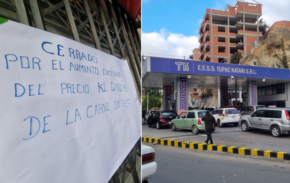 Paro de carniceros y filas por combustible marcan el inicio de la semana en La Paz