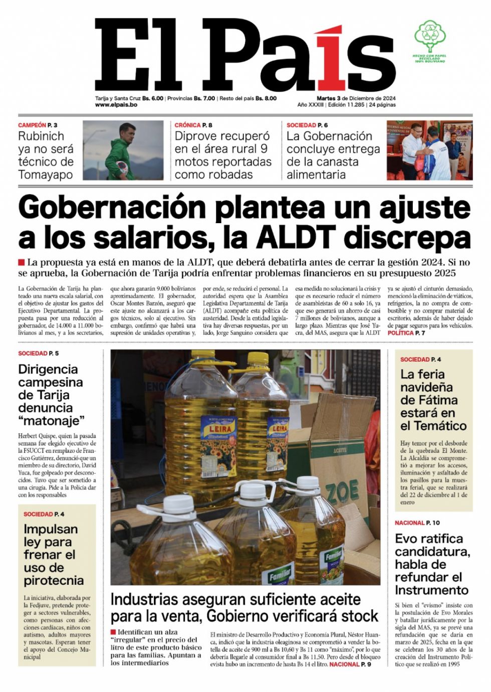 El sueldo del Gobernador, el DT de Tomayapo, el precio del aceite... Lee las imprescindibles