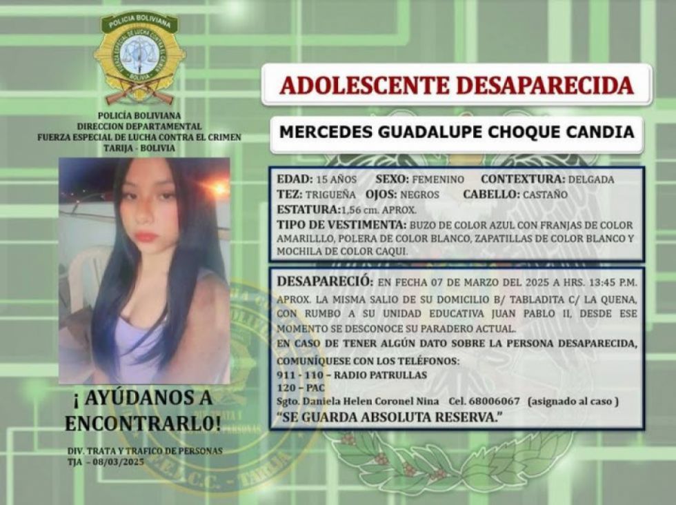 Tarija: Mercedes lleva 5 días desparecida, su madre está desesperada 