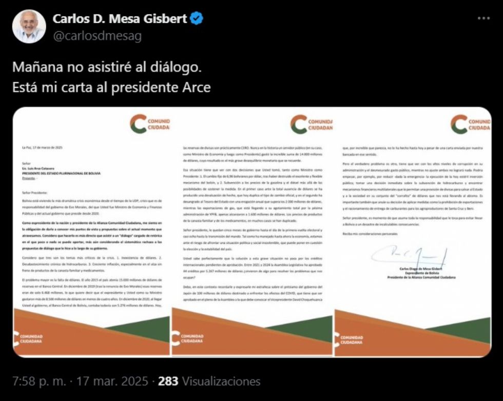 Mesa le pide a Arce cortar la obra pública, levantar la subvención y pedir rescate internacional