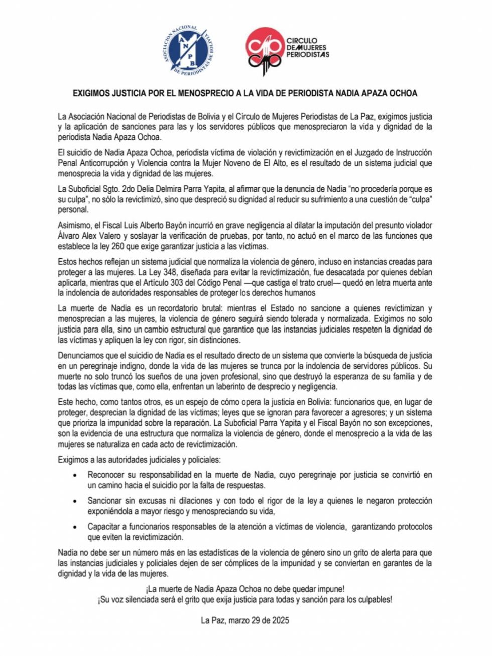 Gremios de periodistas exigen justicia por el menosprecio a la vida de Nadia Apaza Ochoa