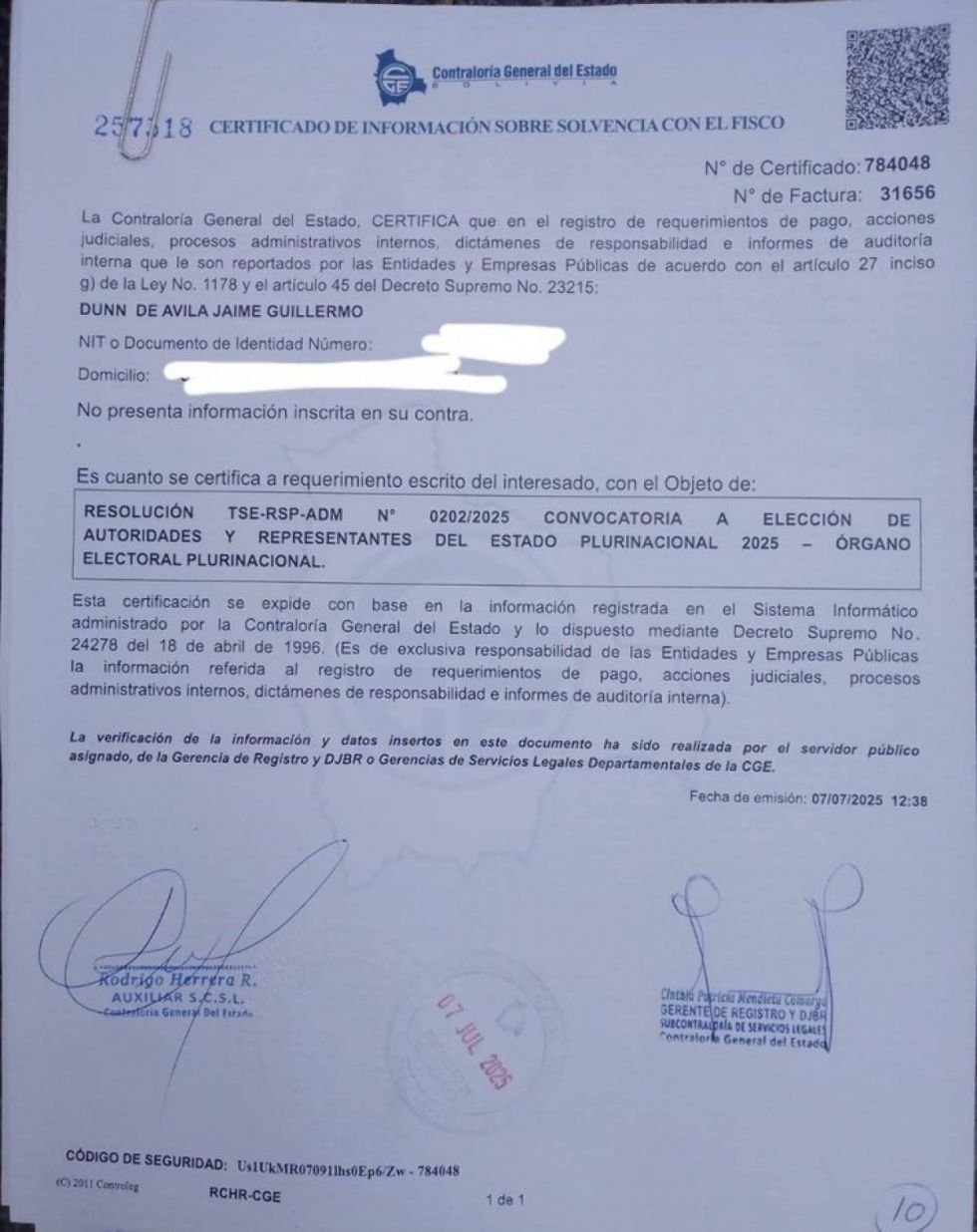Dunn exhibe documento de Solvencia Fiscal y aguarda al TSE