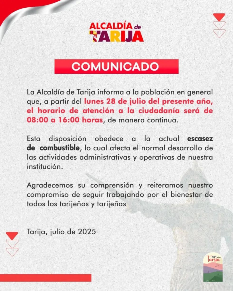 Alcaldía de Tarija determina jornada laboral continua desde el lunes