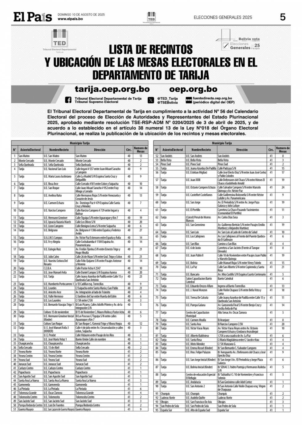Lista de los recintos y la ubicación de las mesas electorales en Tarija 