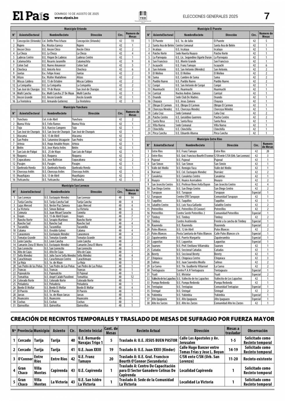 Lista de los recintos y la ubicación de las mesas electorales en Tarija 