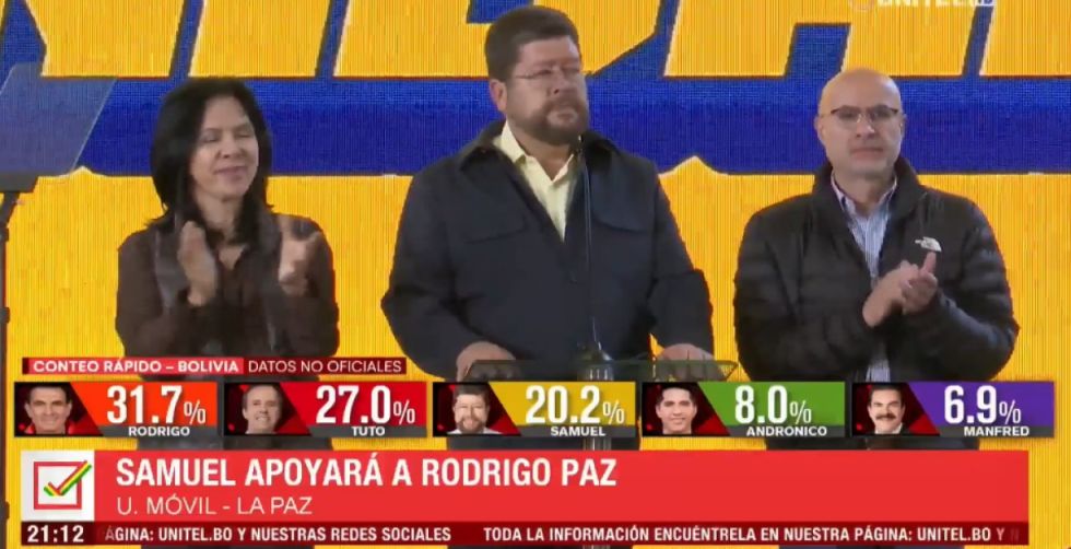 Samuel Doria Medina acepta su derrota y anuncia apoyo a Paz 