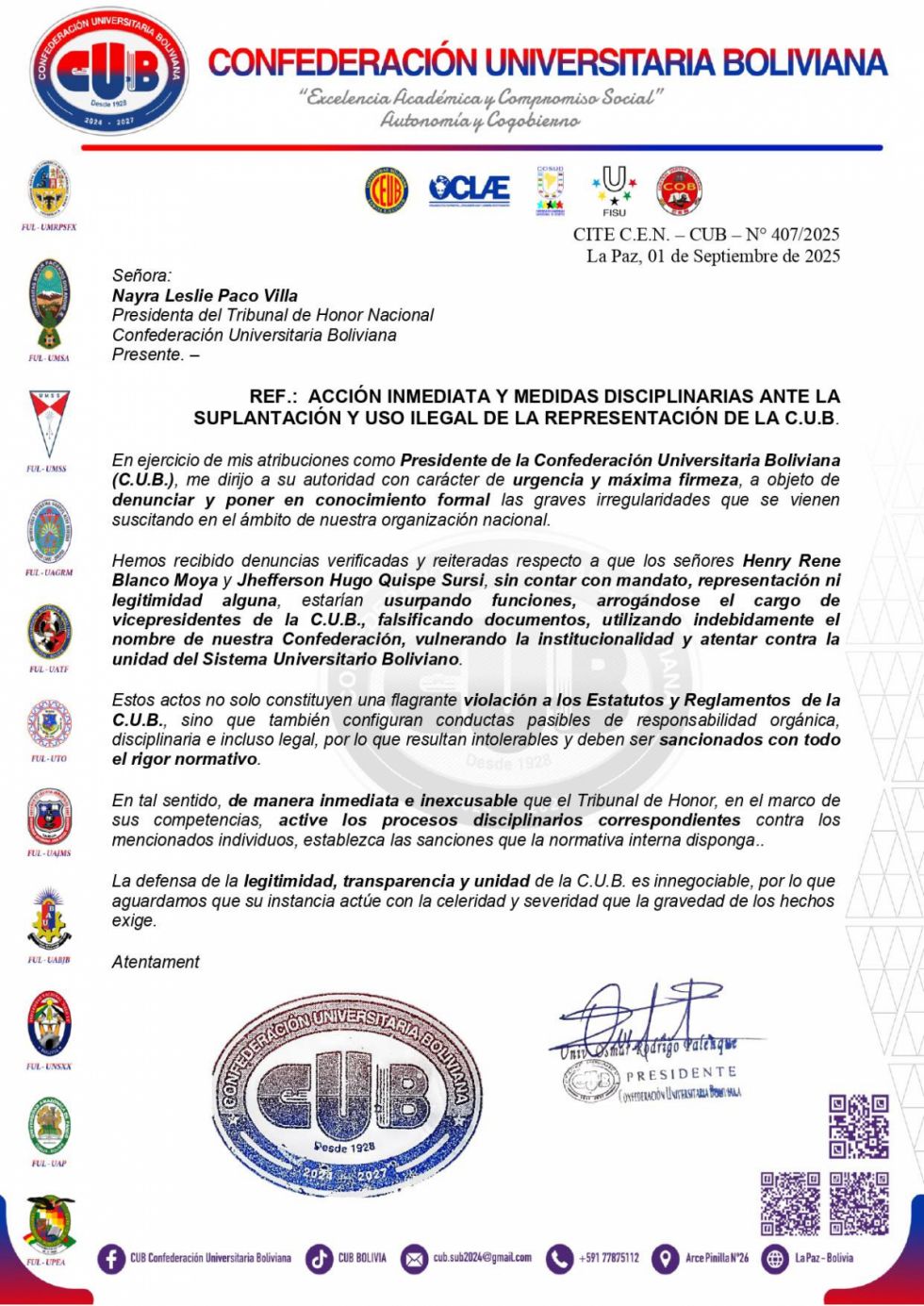  CUB desmiente solicitud contra Arce y denuncia usurpación de su nombre
