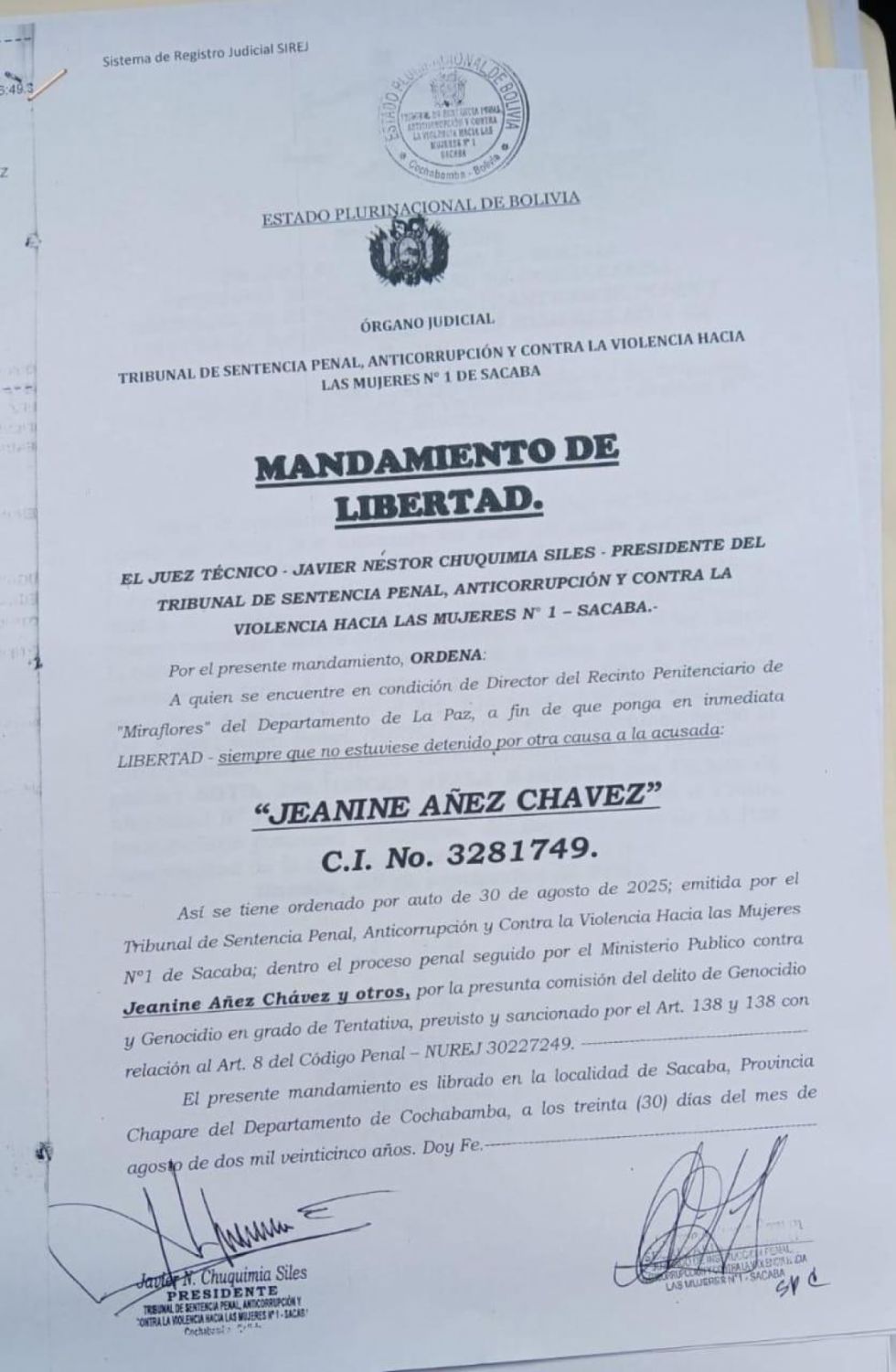 Juez ordena libertad de Jeanine Áñez por caso Sacaba, pero seguirá presa por sentencia del Golpe II