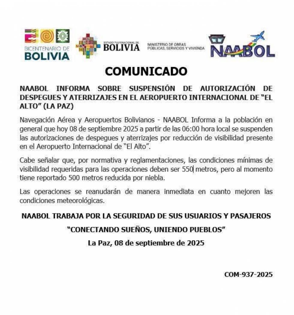 Suspenden operaciones en el aeropuerto de El Alto por poca visibilidad
