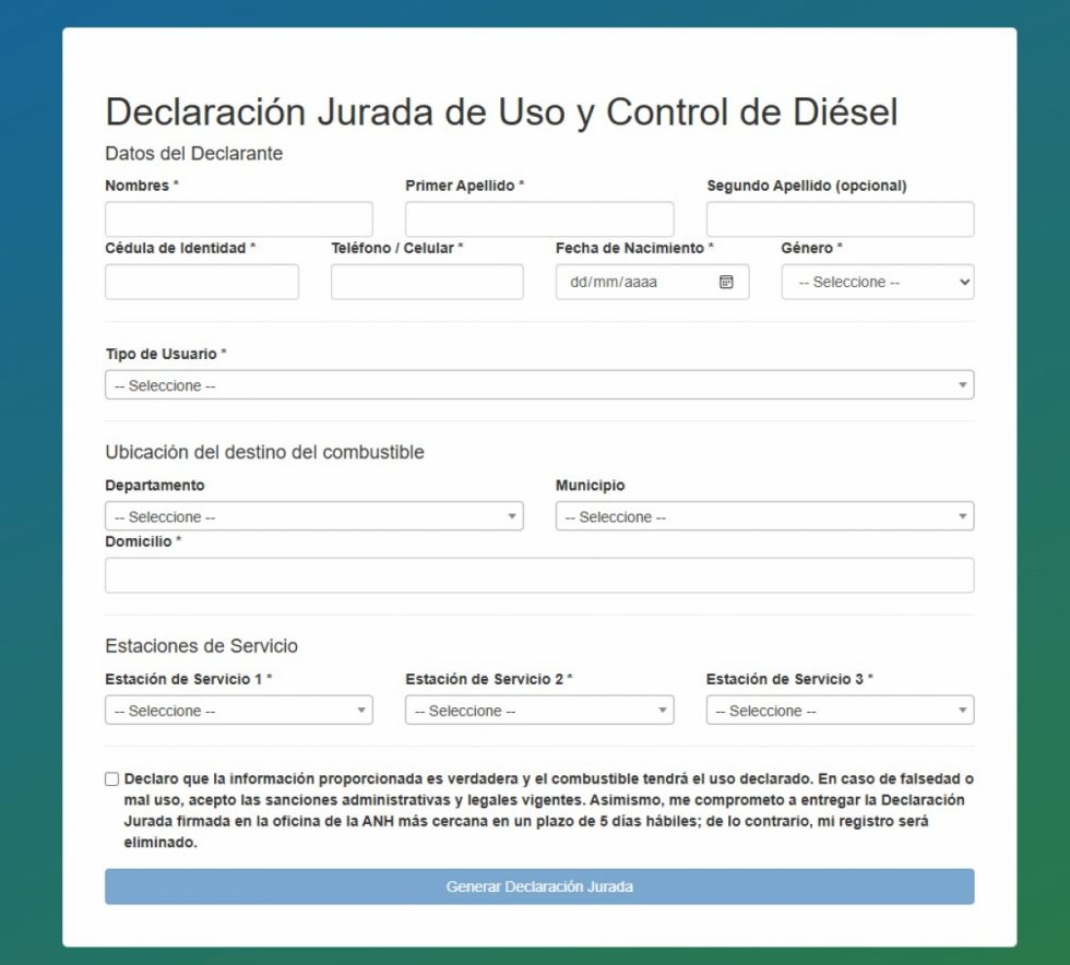 Ahora se podrá cargar diésel con un registro, mediante una declaración jurada en línea