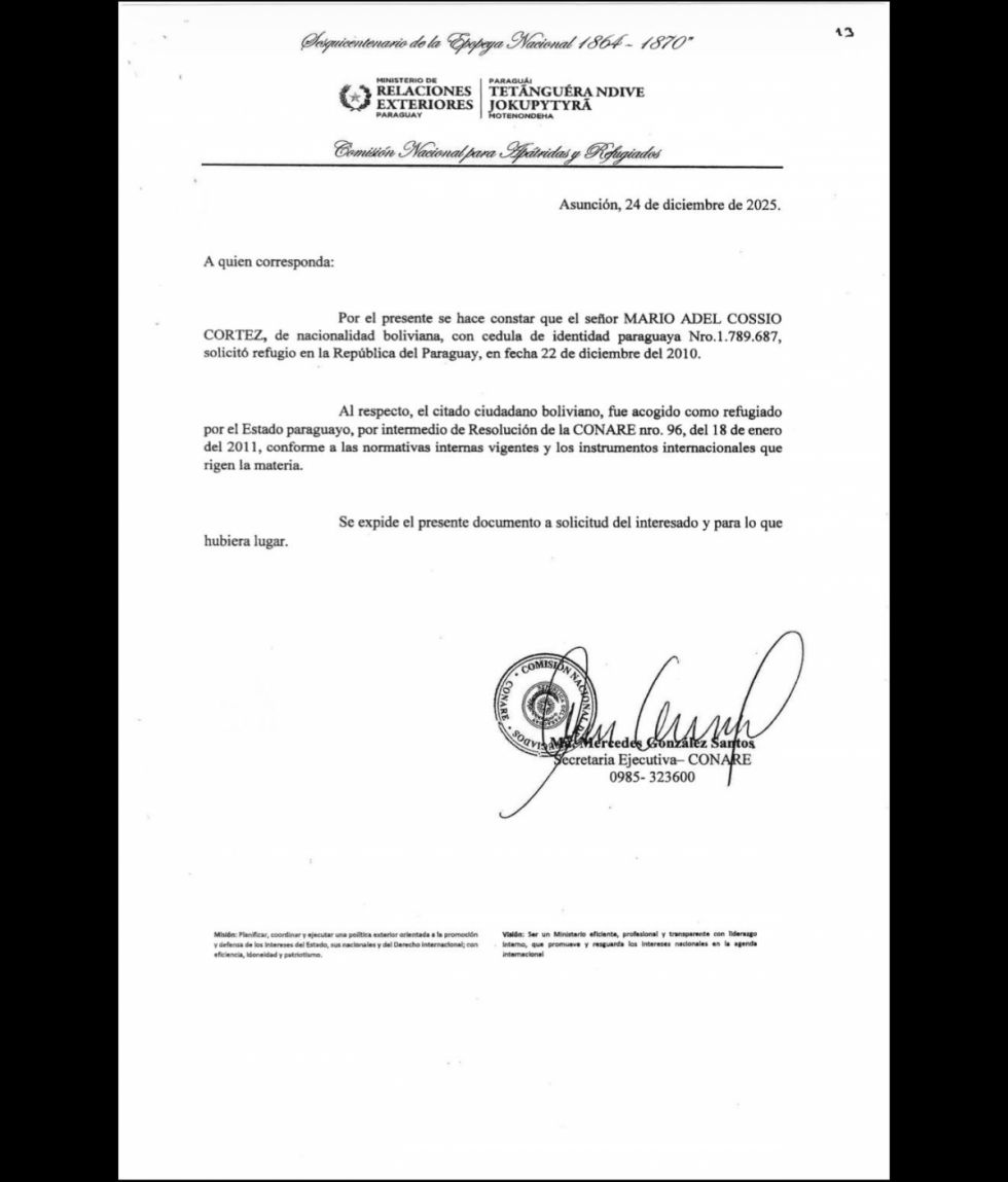 Certificación del Refugio concedido en 2011