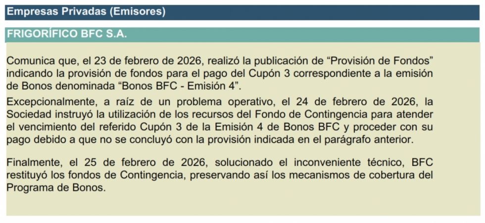 BFC restituyó los fondos de contingencia usados para pagar sus bonos