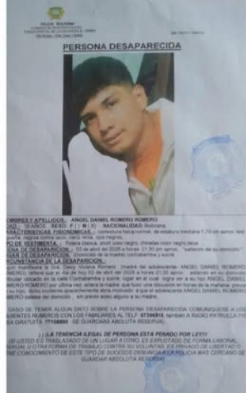 Tarija: FELCC busca a adolescente de 16 años