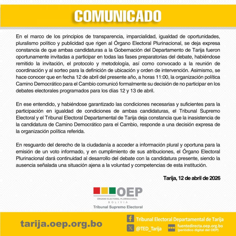 OEP asegura igualdad de condiciones y atribuye inasistencia a decisión de una candidatura