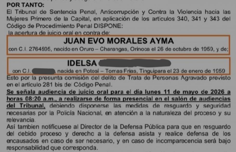 Fijan juicio a Evo por trata, la pena máxima es de 20 años